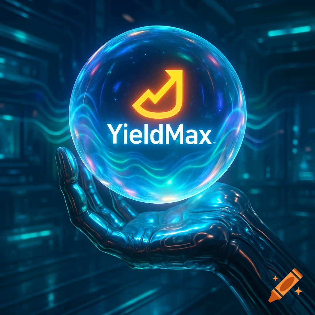 A metallic hand holds a glowing blue crystal ball containing a yellow arrow logo and the white text "YieldMax" in a futuristic setting.