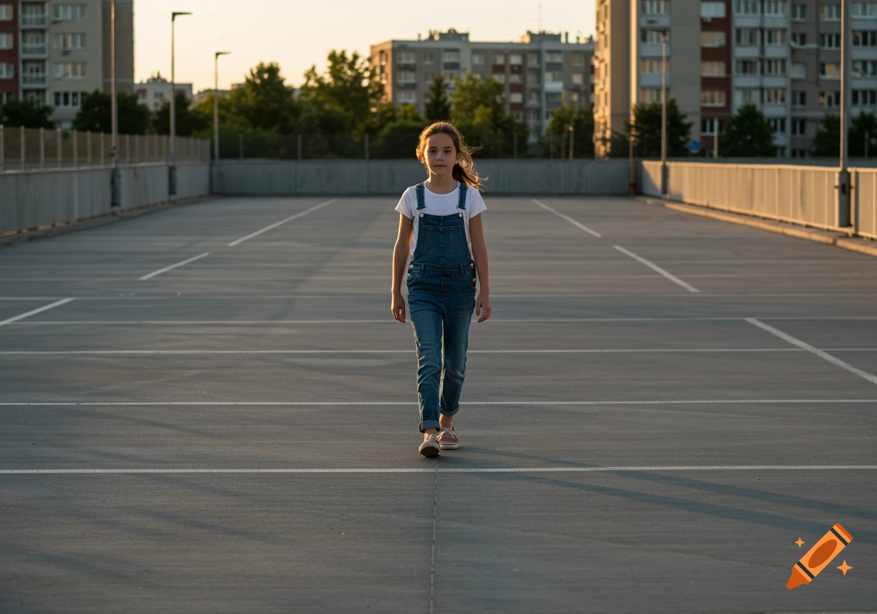 A young girl walks alone in the middle of an empty outdoor carpark with urban buildings in the background at sunset.