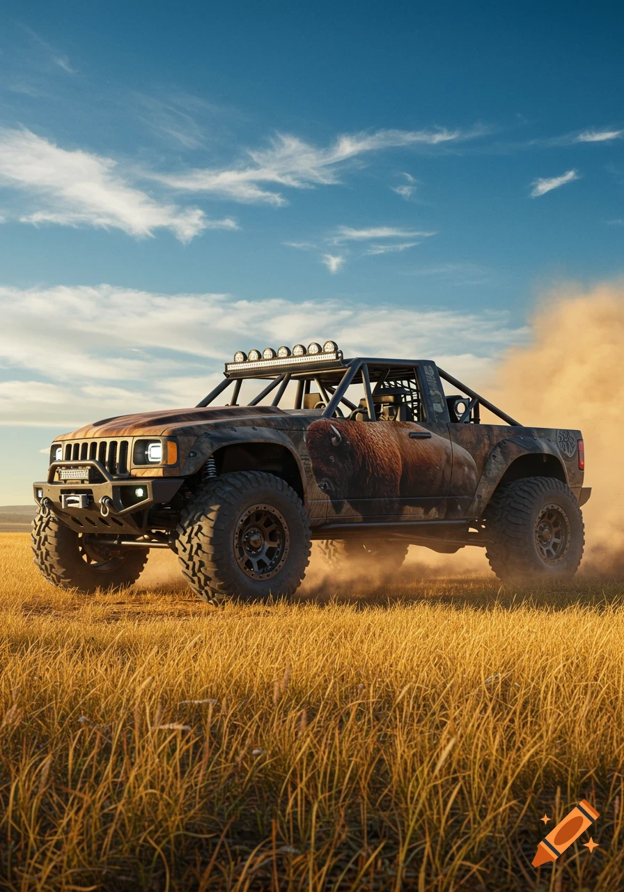 A custom offroad truck with a bison print design drives through a golden grassy field, kicking up dust under a blue sky.