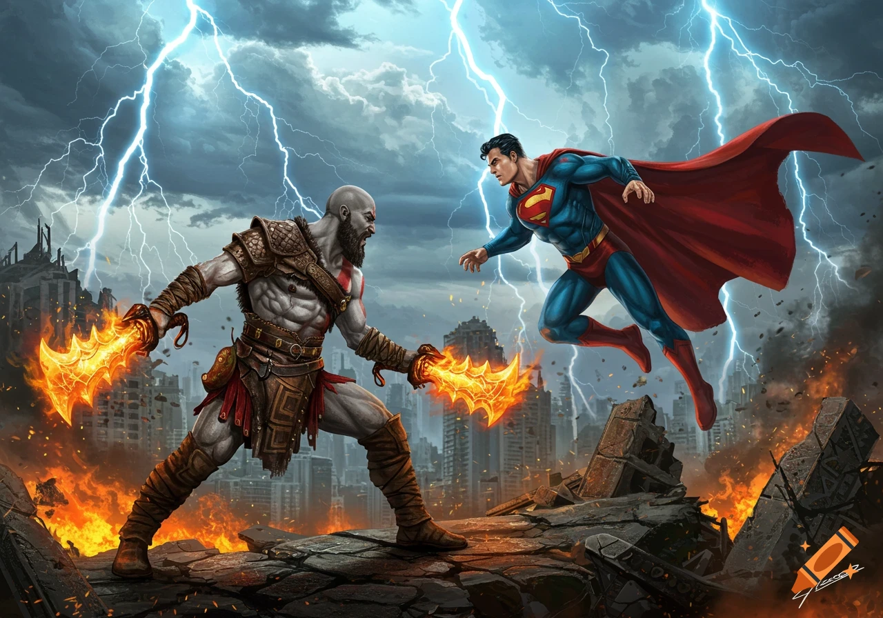 Dynamic comic art illustration of Kratos battling Superman amidst fiery rubble and lightning in a destroyed city.