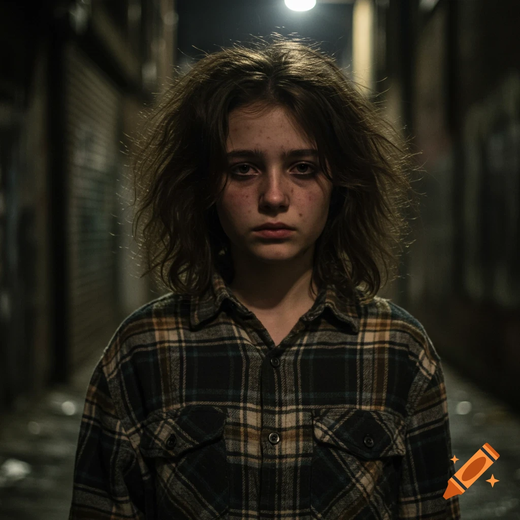 Photorealistic portrait of a teen girl with frizzy hair and eyebags, wearing a plaid shirt in a dark urban alley.