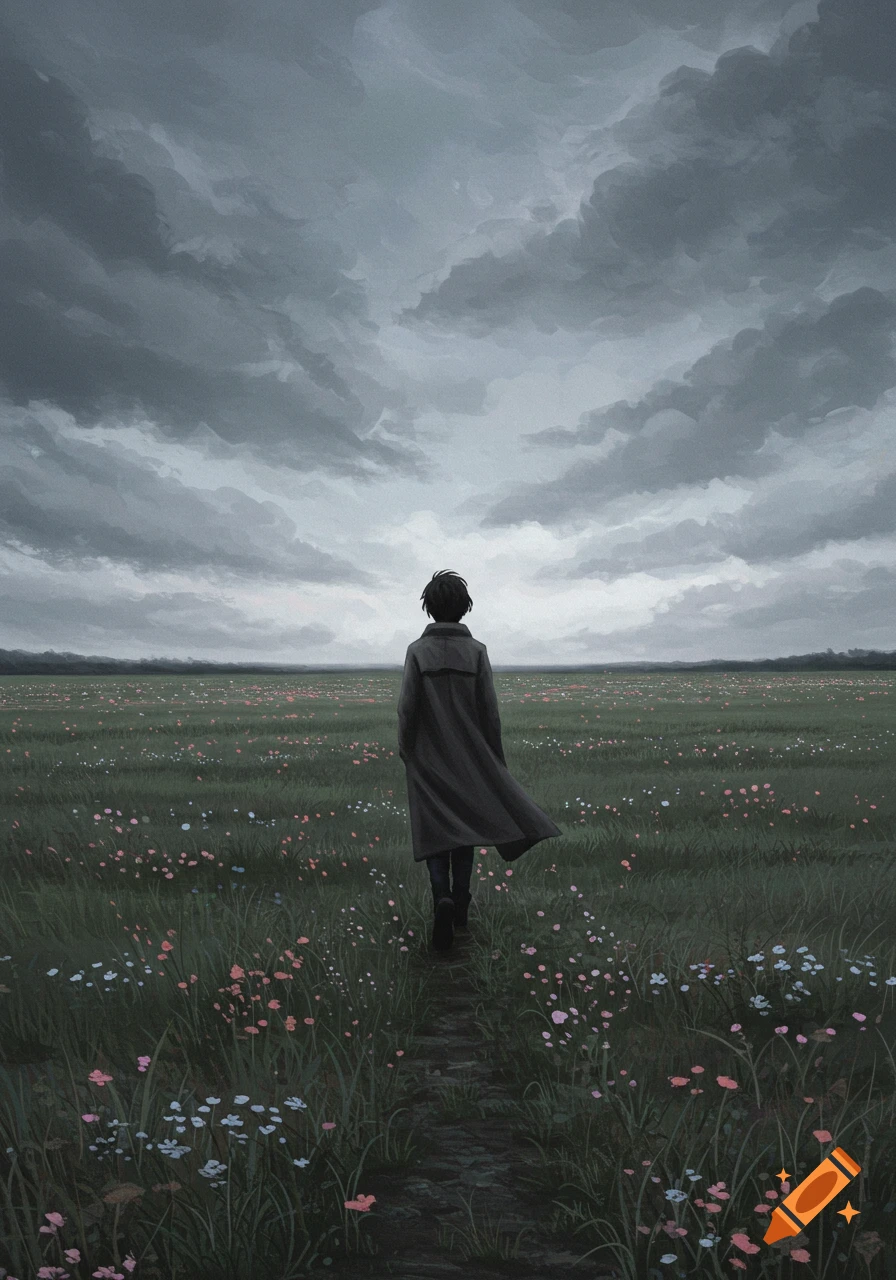 A person in a coat walks away on a path through a field of wildflowers under a cloudy, grey sky, in a painted style.