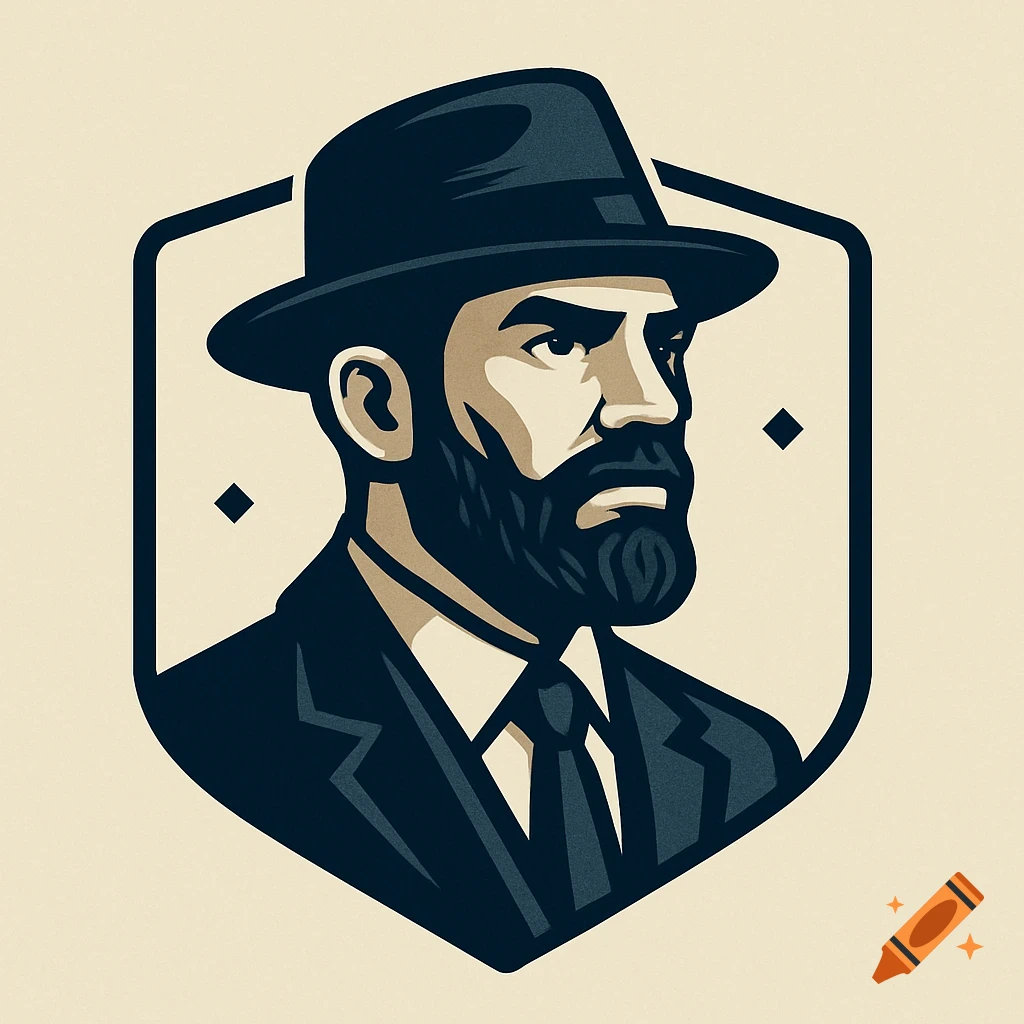 Stylized logo illustration of a bearded man in a hat within a shield emblem.