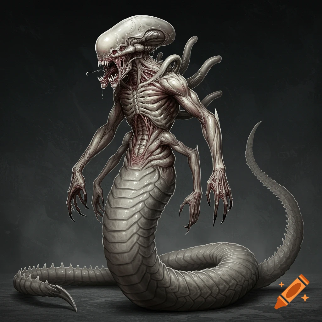 A monstrous, pale grey xenomorph-like creature with an elongated head, exposed sinewy chest, multiple arms, and a serpentine lower body with a long, segmented tail.