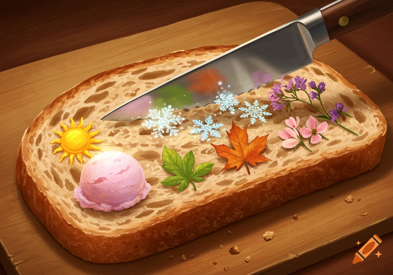 A slice of bread on a wooden board topped with symbols of seasons: a sun, ice cream, snowflakes, leaves, and flowers, with a knife reflecting the elements.