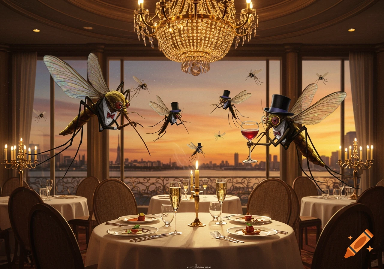 Anthropomorphic mosquitos in tuxedos and top hats dine and drink wine in a lavish restaurant at sunset.