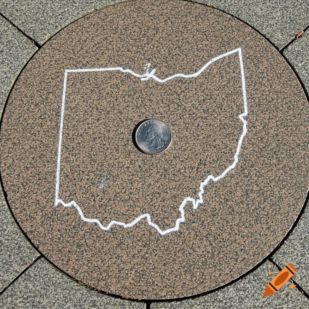 A U.S. quarter sits on a stone disk with a white chalk outline of Ohio, seen from above in bright daylight.