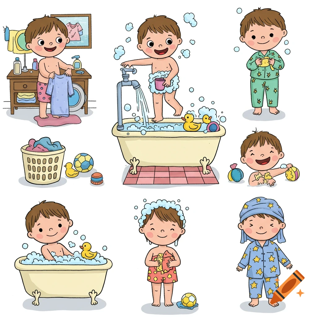Cartoon illustrations showing a boy's step-by-step bath and bedtime routine, from undressing to pajamas.