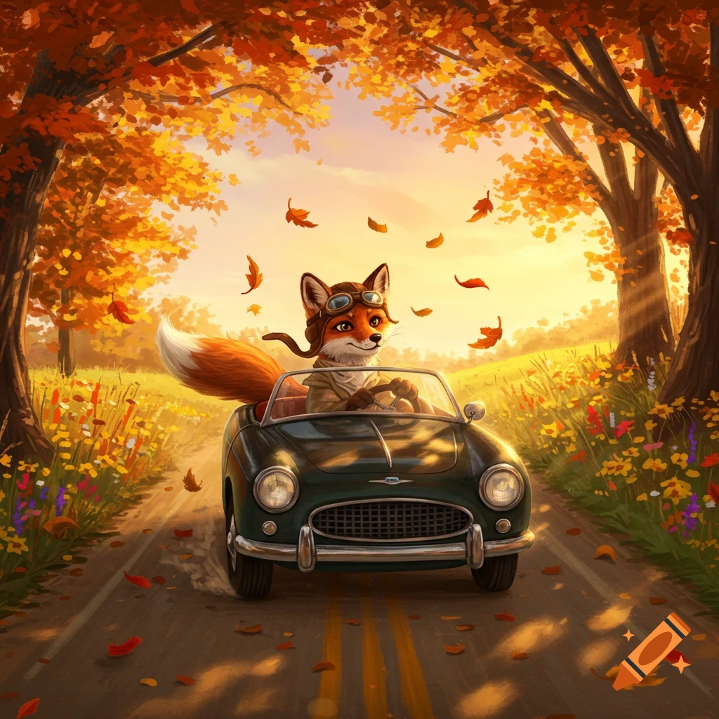 A cute fox in a pilot's hat and goggles drives a vintage car down a road lined with trees and falling autumn leaves.