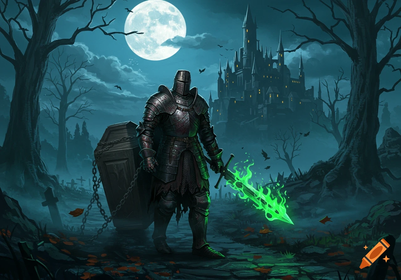 A knight in dark armor drags a chained coffin, holding a glowing green sword, approaching a castle under a full moon at night.