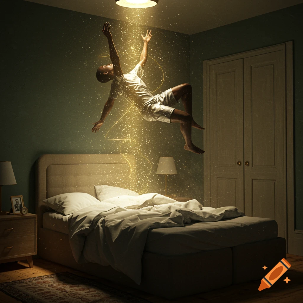 A person floats horizontally above a bed in a bedroom, illuminated by golden, sparkling mystical light from a ceiling lamp.