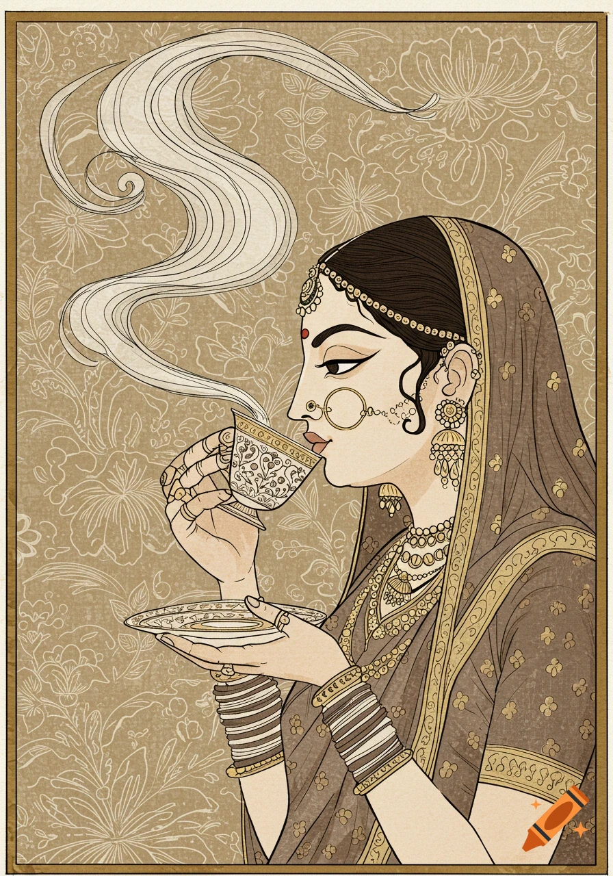 Profile of a lady in traditional attire drinking from a cup in Mughal miniature line art style.