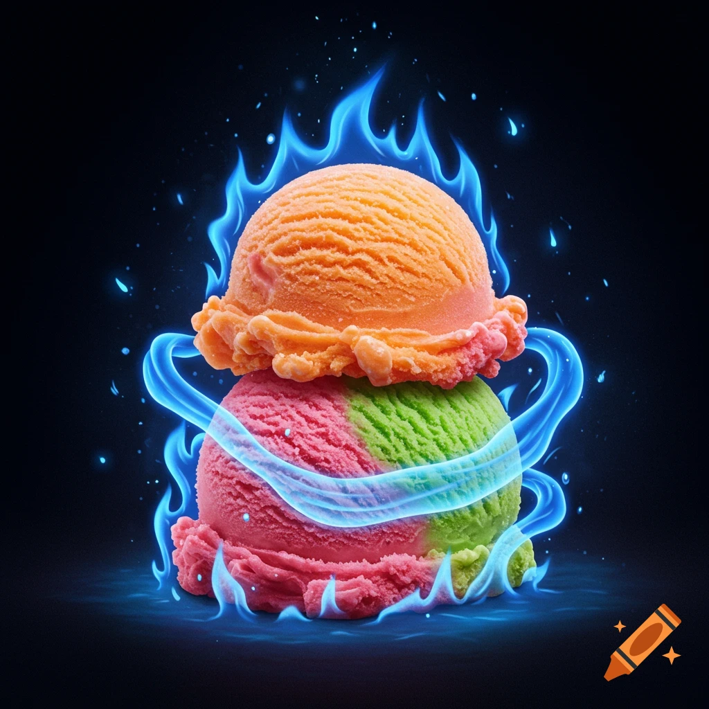 Two scoops of ice cream, orange on top of pink and green, encircled and topped with glowing blue flames against a dark background.