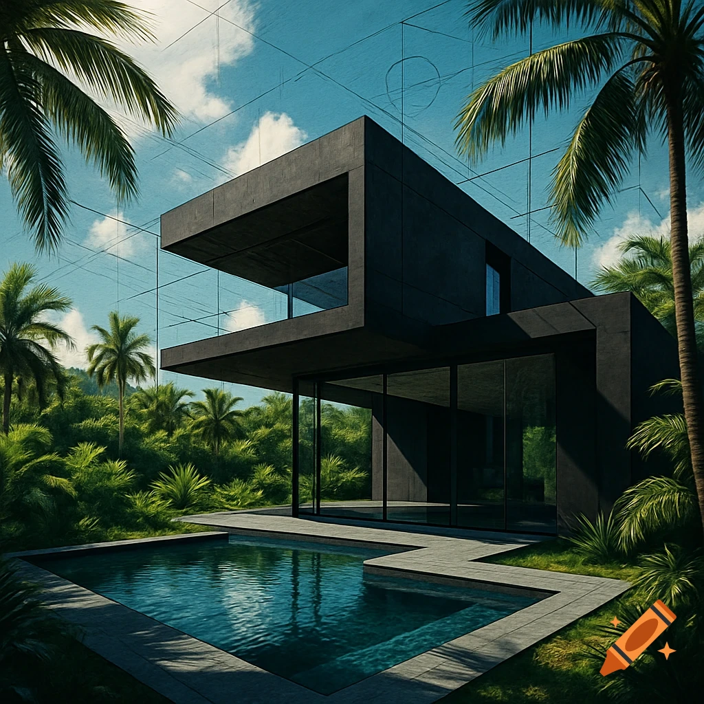 Ultra-modern black concrete and glass house with a pool in a lush tropical landscape under a blue sky with architectural grid lines.