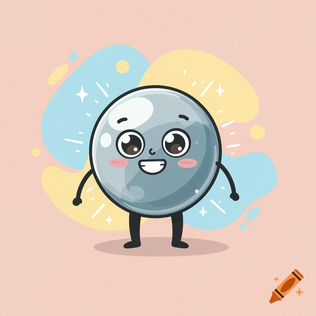 A cute, happy cartoon circle character with stick arms and legs on a pink background with abstract shapes and sparkles.