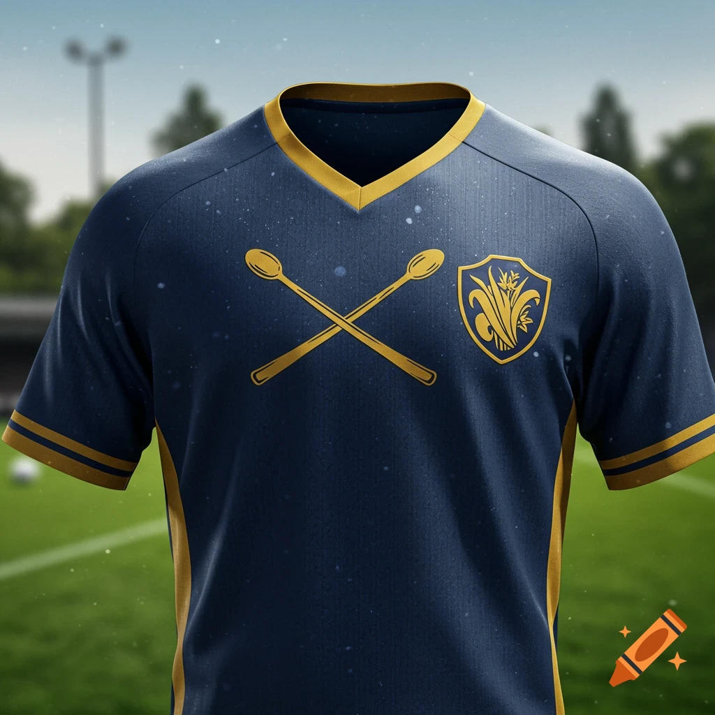 A detailed close-up of a navy blue and gold soccer jersey with a unique crest and crossed spoons on the front, set against a blurry soccer field background.