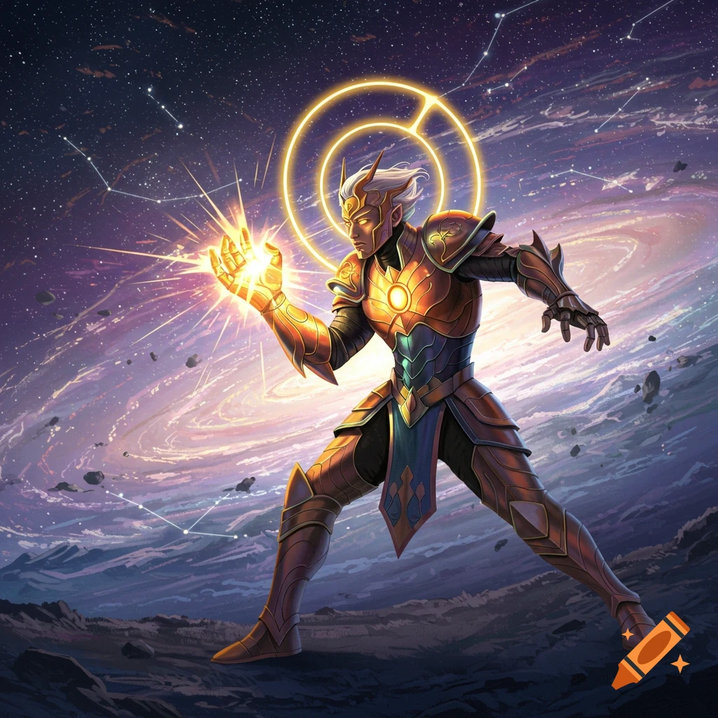 A fantasy warrior in golden armor with a halo and glowing hands stands on a desolate planet with a swirling galaxy and stars in the background.