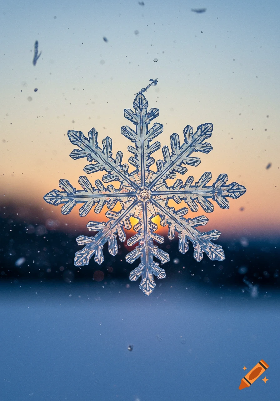 A detailed macro photograph of a snowflake, back-lit by a blurred sunset sky with orange and blue hues.