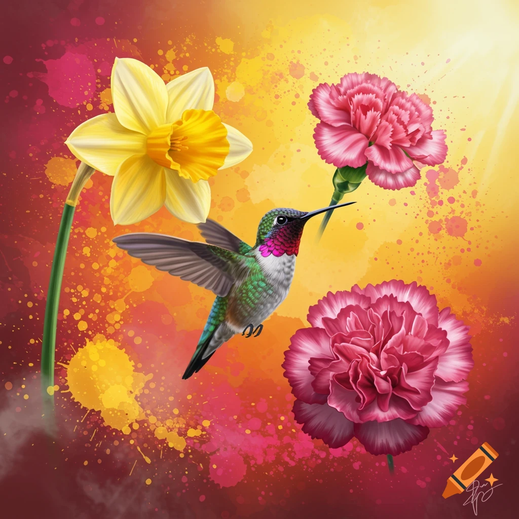 A colorful illustration of a hummingbird flying near a yellow daffodil and pink carnations on a vibrant splattered background.