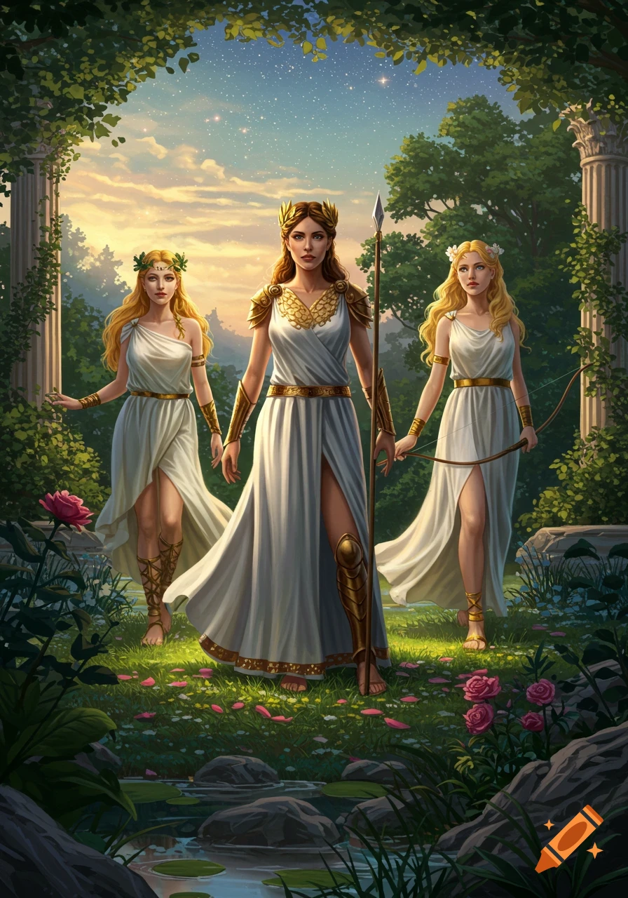 Three Greek goddesses in white and gold robes stand in a lush forest with ancient columns under a starry sky.