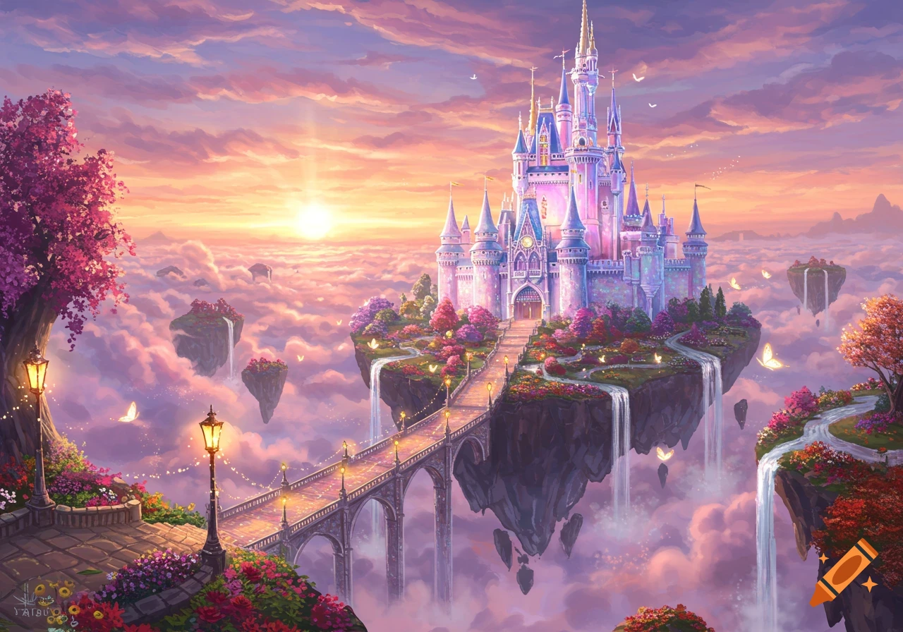 A vibrant, dreamlike fantasy castle on a floating island, connected by a bridge, surrounded by clouds and other floating islands with waterfalls at sunset.