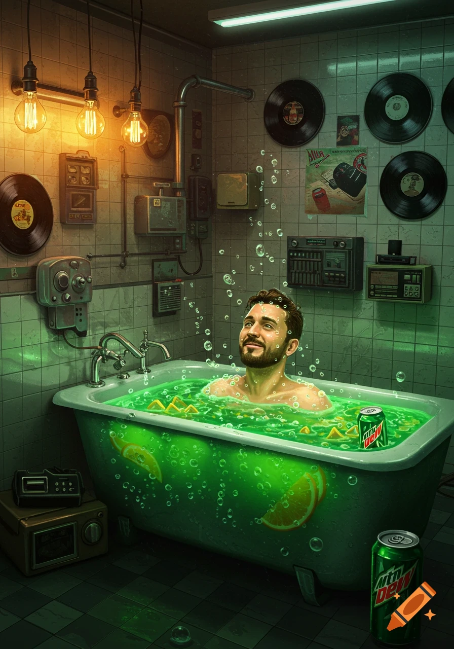 A bearded man smiles while bathing in a bright green, bubbly liquid in a retro-industrial bathroom with records and Mountain Dew cans.