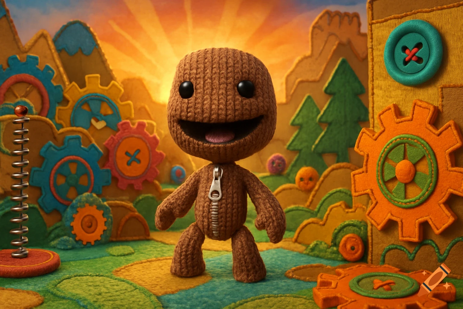 A cheerful brown knitted Sackboy character stands in a vibrant, crafty world of felt hills and colorful gears under a bright orange sky.