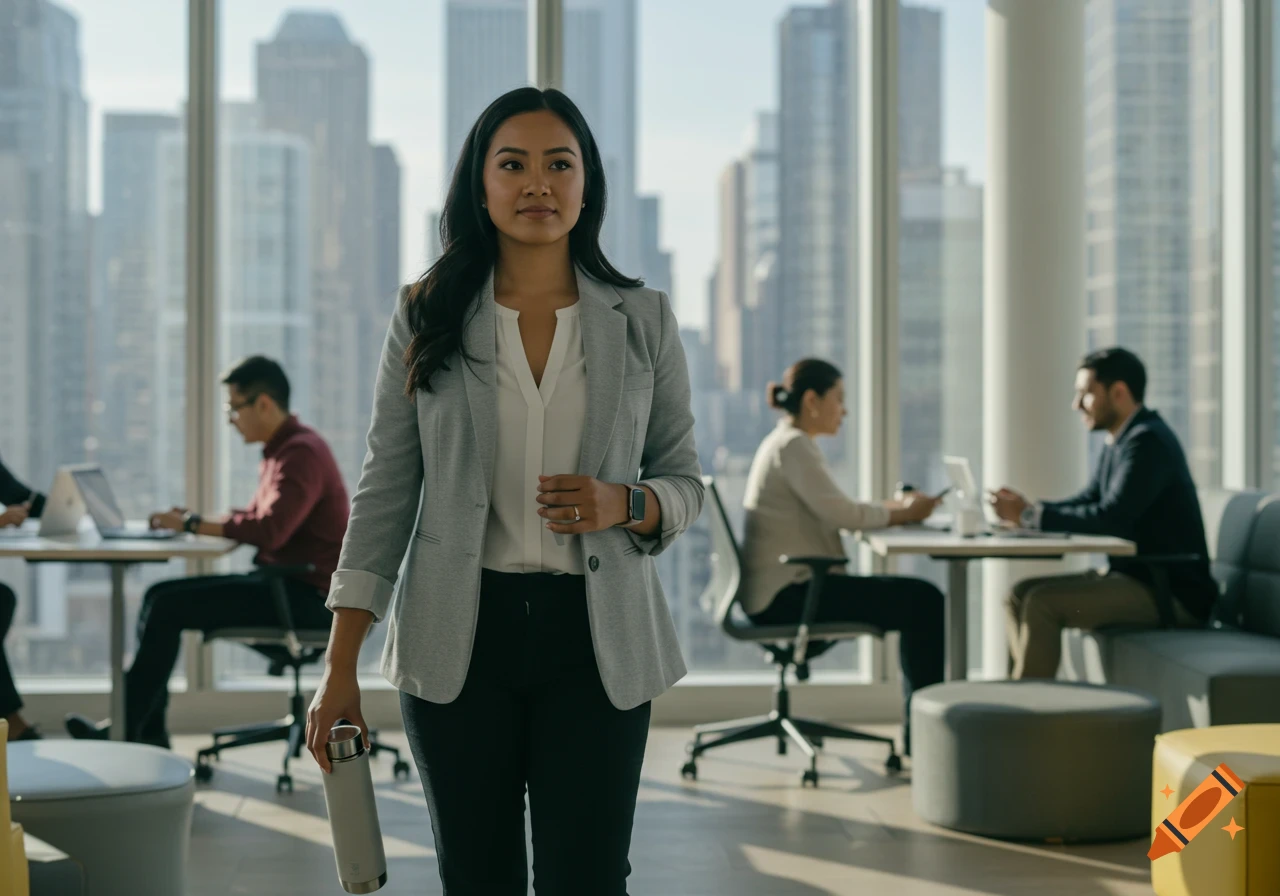 A confident professional woman walks through a modern co-working office with a cityscape background.