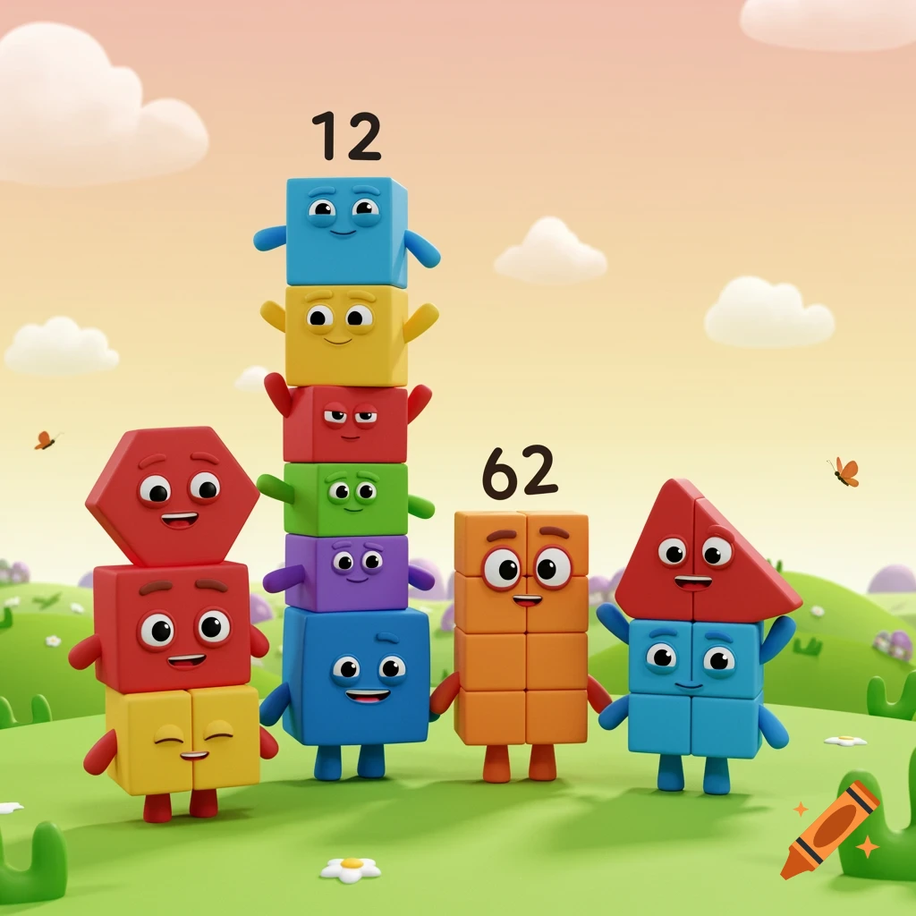 Colorful 3D cartoon block characters, resembling Numberblocks, stacked on a grassy hill with numbers 12 and 62.