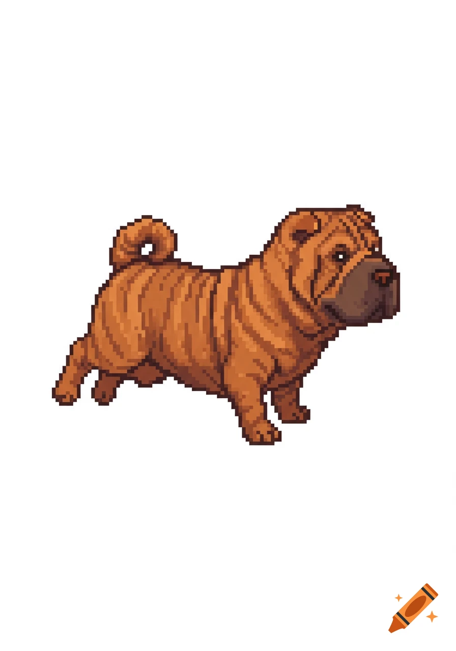 A brown pixel art Shar-Pei dog standing and looking to the right, with a curled tail.