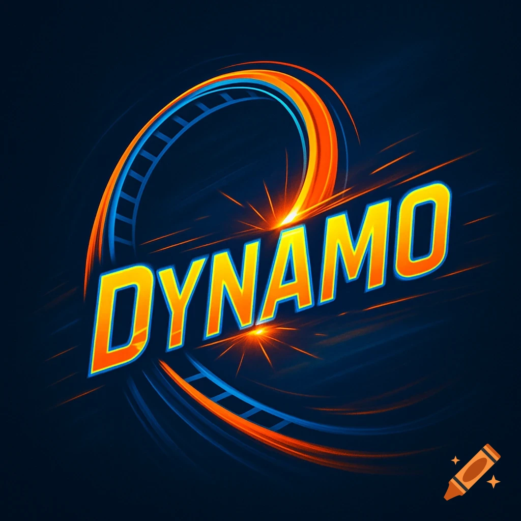A dynamic logo with the word DYNAMO in bold orange and blue text, surrounded by swirling blue and orange lines with motion blur and glowing effects.