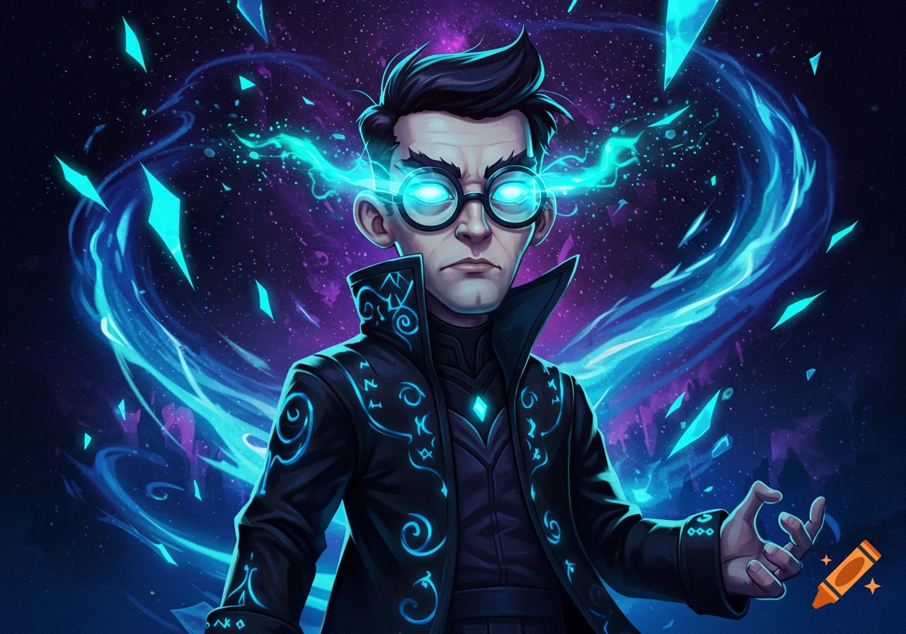 A stylized cartoon character with glowing blue eyes and glasses, surrounded by swirling blue and purple magic against a cosmic background.