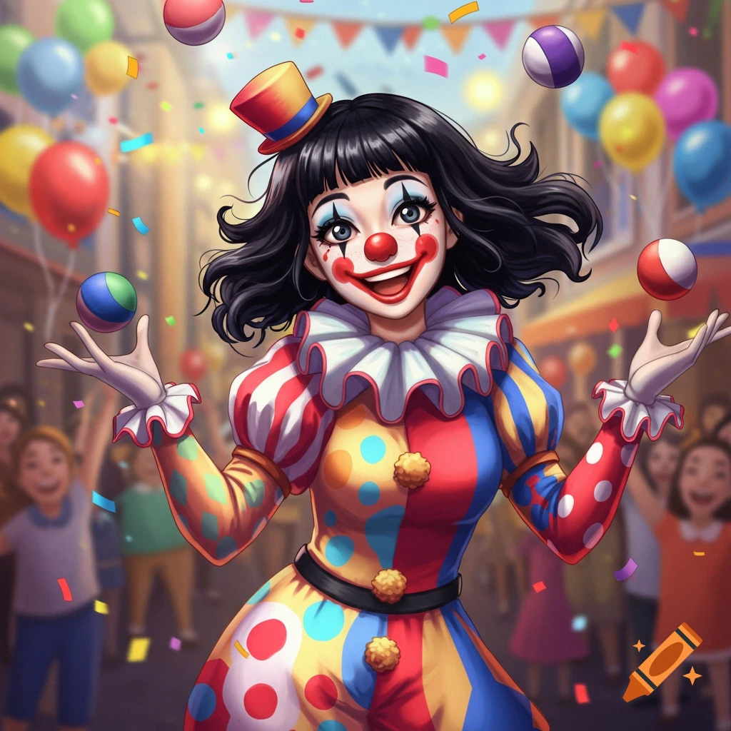 A cartoon female clown with black hair and bangs juggles balls amidst confetti and balloons at a celebration.