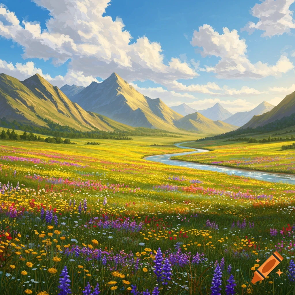 A vibrant valley with a winding river, colorful wildflowers, and distant mountains under a cloudy blue sky. Stylized landscape.