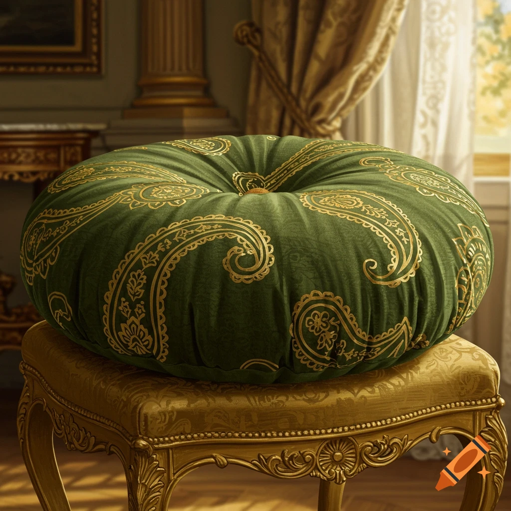 A round green cushion with gold paisley patterns rests on an ornate gold stool in a luxurious room.