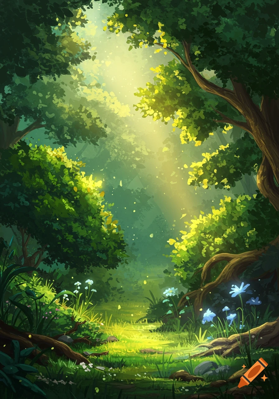 Sunlight beams through a lush green forest, illuminating a vibrant path with glowing blue and white flowers.