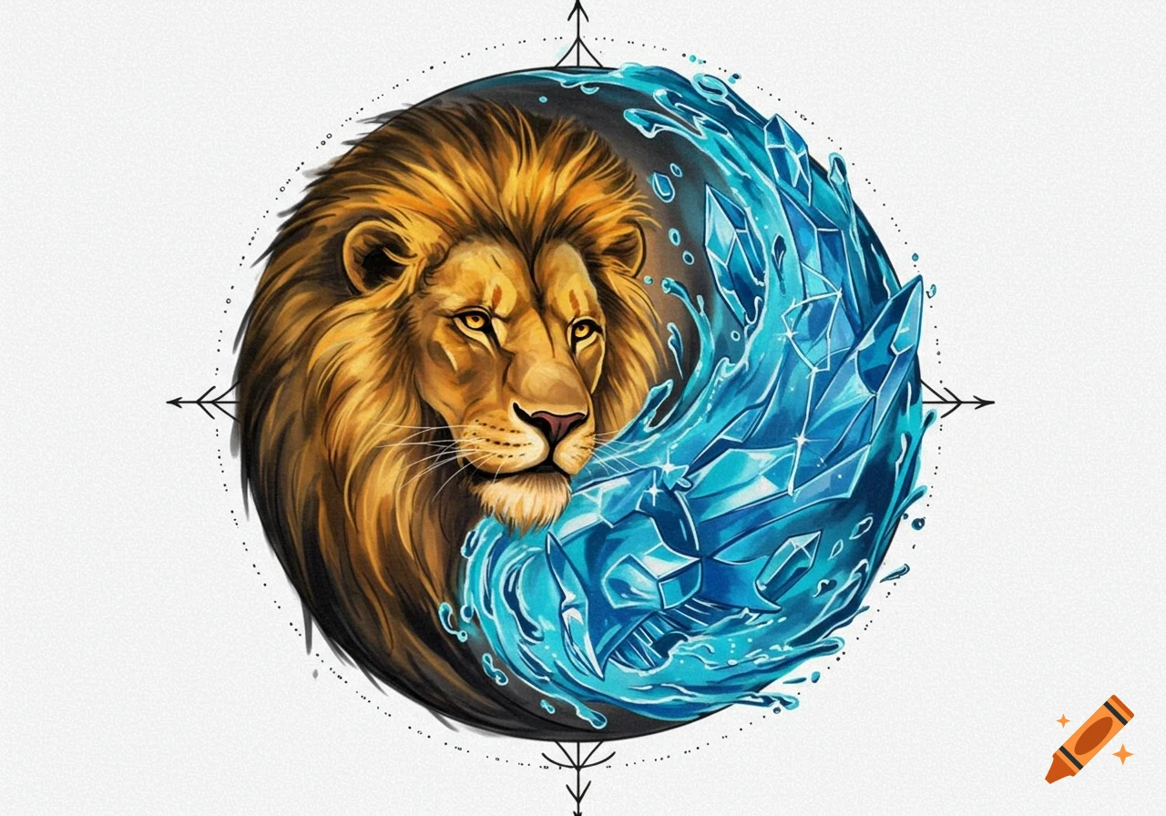 A stylized yin-yang symbol featuring a lion's head on one side and blue ice crystals and splashing water on the other, against a white background with a compass design.