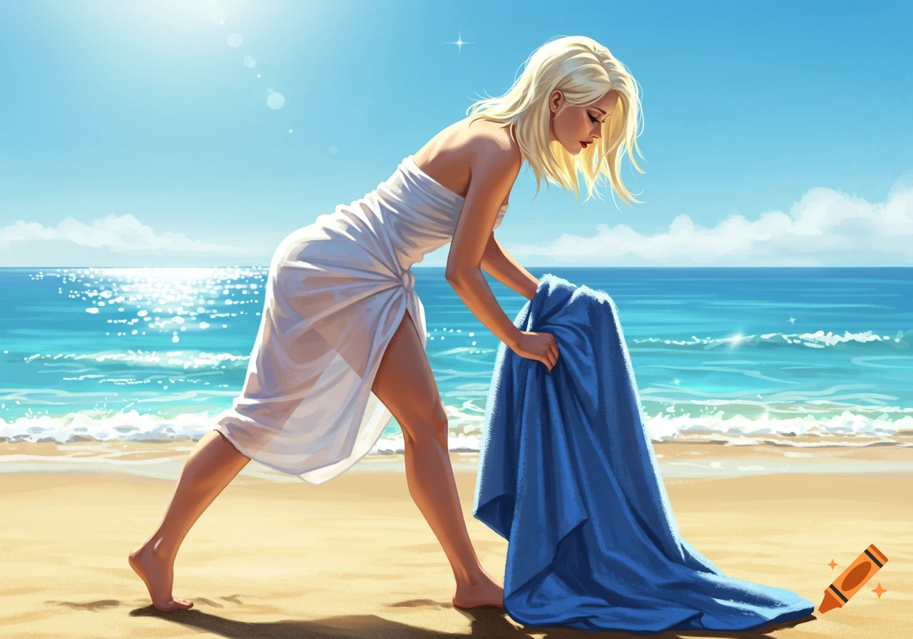 A woman with blonde hair in a white sarong bends over to pick up a blue towel on a sunny beach, with the ocean in the background, in a digital art style.