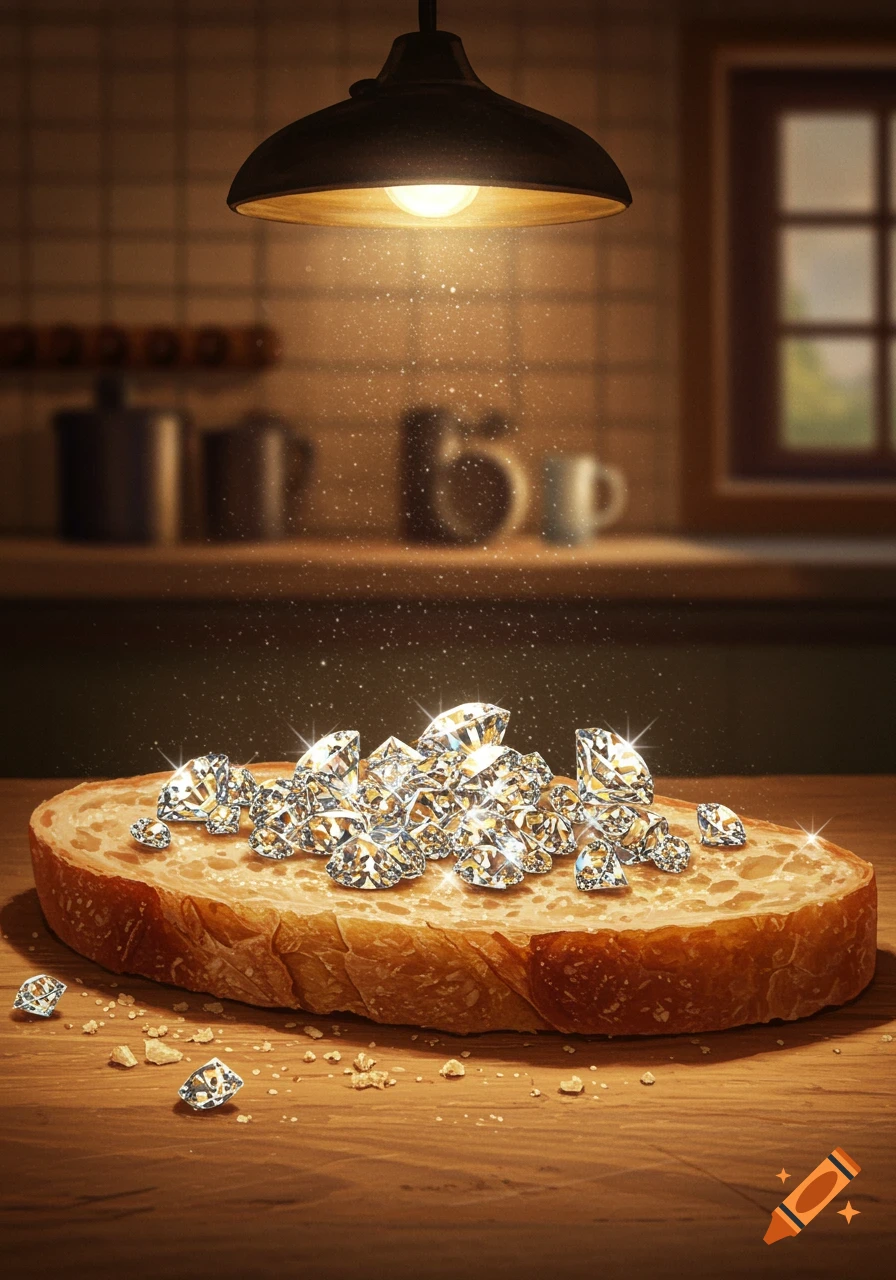 Sparkling diamonds piled on a slice of bread on a wooden counter in a dimly lit kitchen.