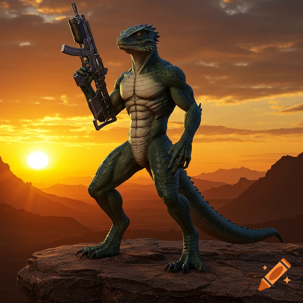 A muscular, green lizardman stands on a rocky cliff holding a rifle, silhouetted against a bright sunset over mountains.