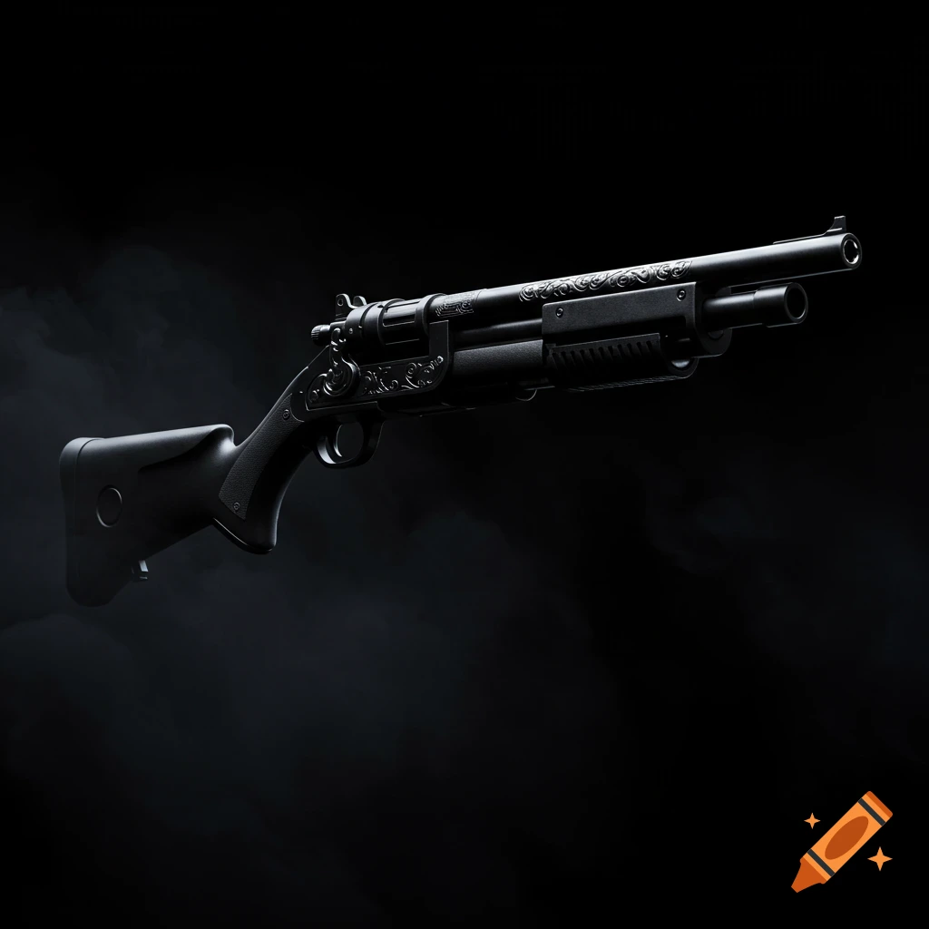 A sleek black musket blaster with ornate engravings on a dark, smoky background.