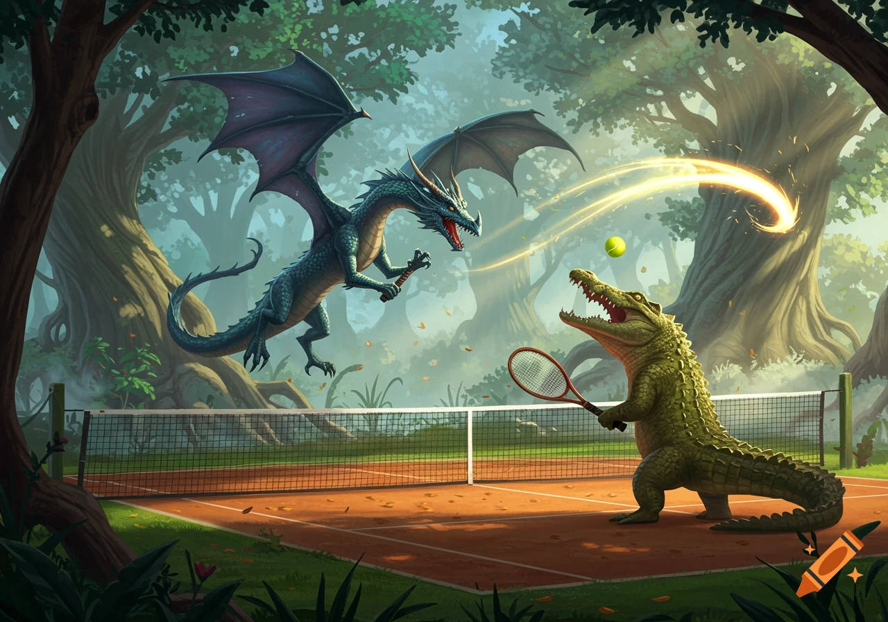 A vibrant illustration of a blue dragon playing tennis with a green crocodile on a clay court in a magical forest.