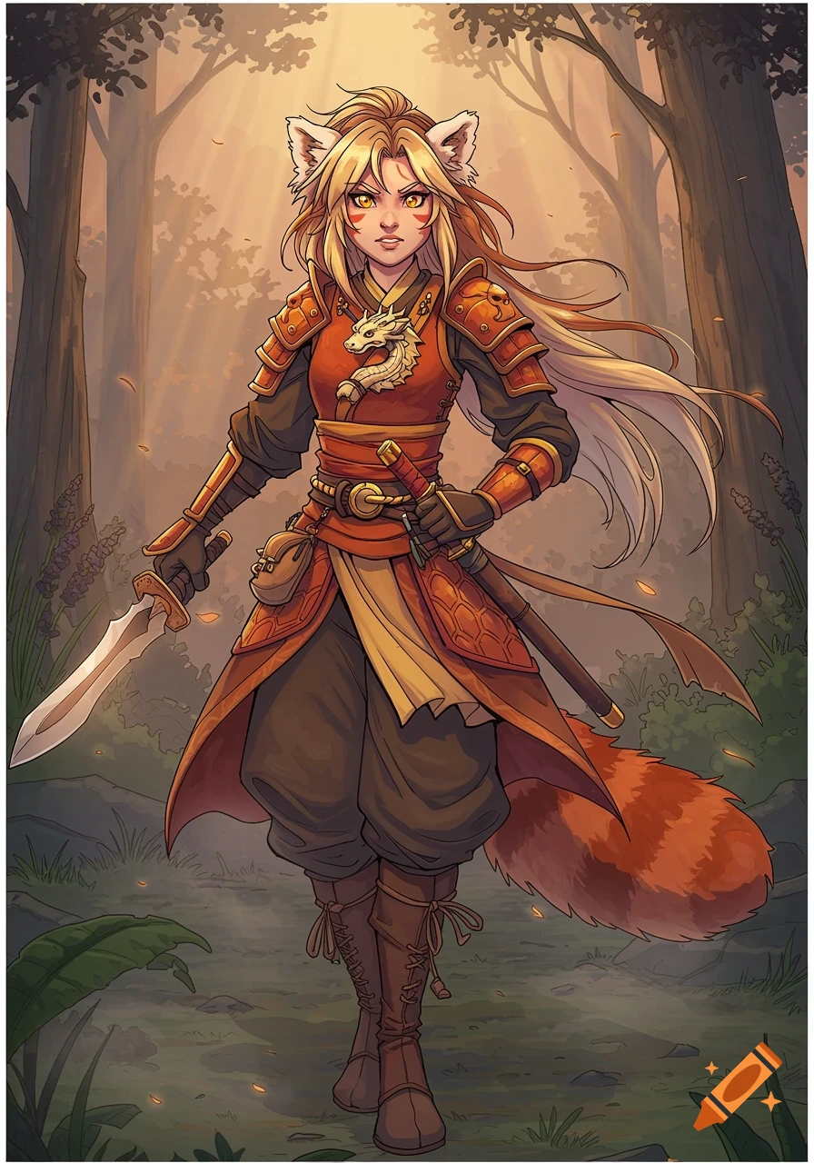 A manga-style red panda warrior with a sword stands in a sunlit forest.