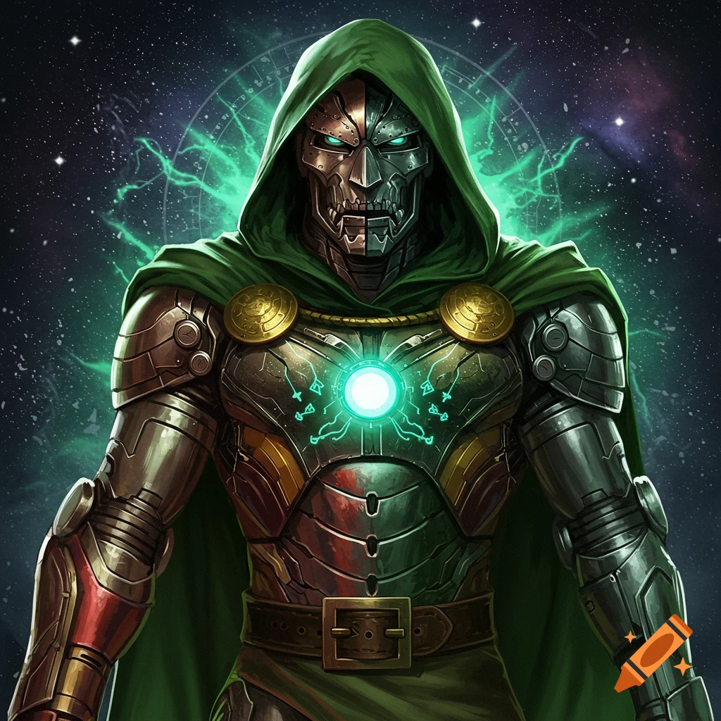 A powerful figure in metallic armor and a green hooded cloak, a fusion of Iron Man and Dr. Doom, against a cosmic background.