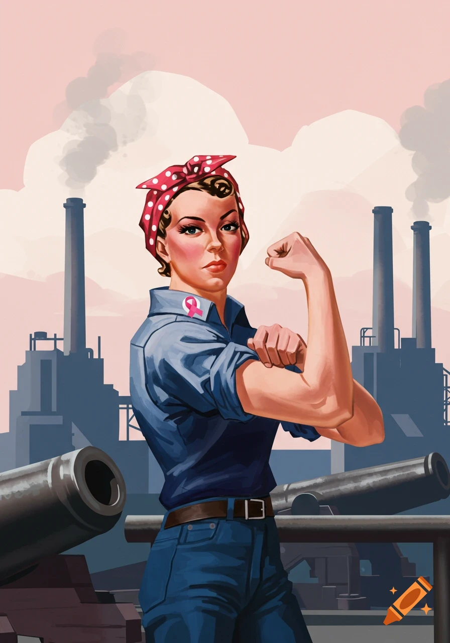 Vintage illustration of Rosie the Riveter with a pink breast cancer ribbon, flexing her arm against a factory backdrop.