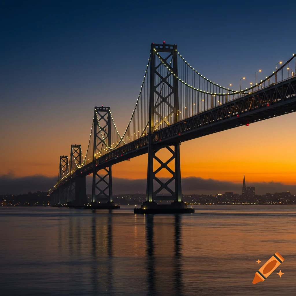 Photorealistic view of the San Francisco-Oakland Bay Bridge lit up at dusk, with a vibrant orange and blue sky and city lights in the background.