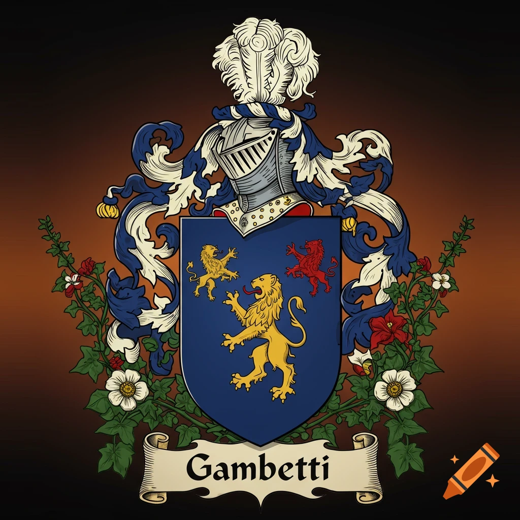 A colorful family crest featuring a helmet, a blue shield with gold and red lions, and a banner with 'Gambetti'.