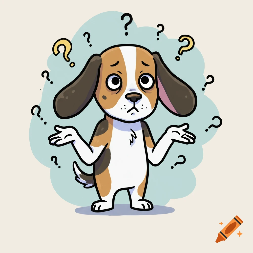 A cartoon beagle dog shrugging with a confused expression, surrounded by black and yellow question marks on a light background.