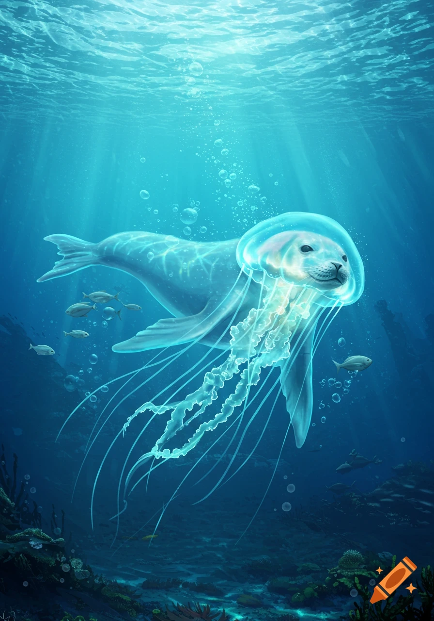 A luminous seal-jellyfish hybrid swims through clear blue water with rays of light and bubbles.