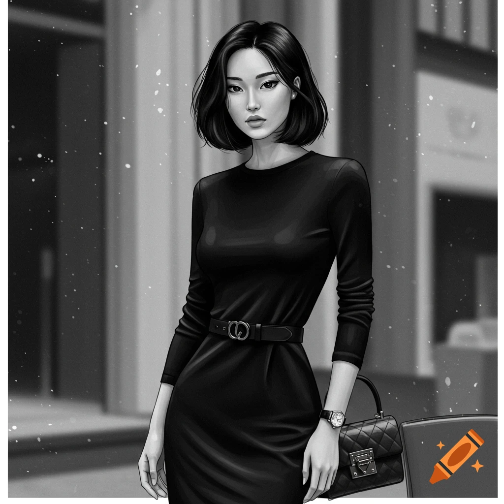 Black and white digital illustration of an Asian woman with a bob haircut, wearing a black dress, watch, and holding a quilted handbag.